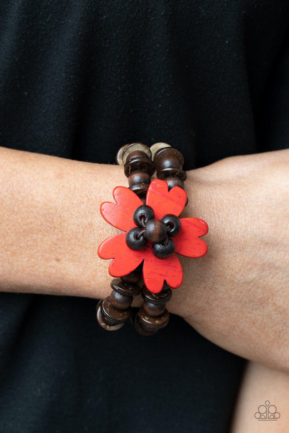 Tropical Flavor Red Wood Flower Bracelet - Paparazzi Accessories- lightbox - CarasShop.com - Paparazzi Jewelry by Cara Jewels