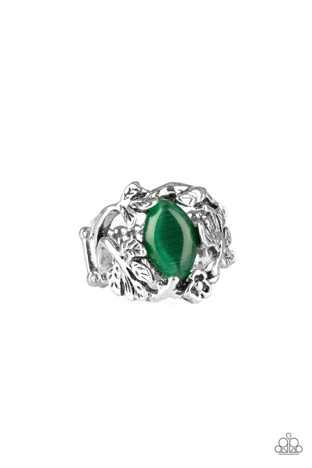 Tropical Flora Green Moonstone and Silver Leaf Ring - Paparazzi Accessories- on model - CarasShop.com - Paparazzi Jewelry by Cara Jewels