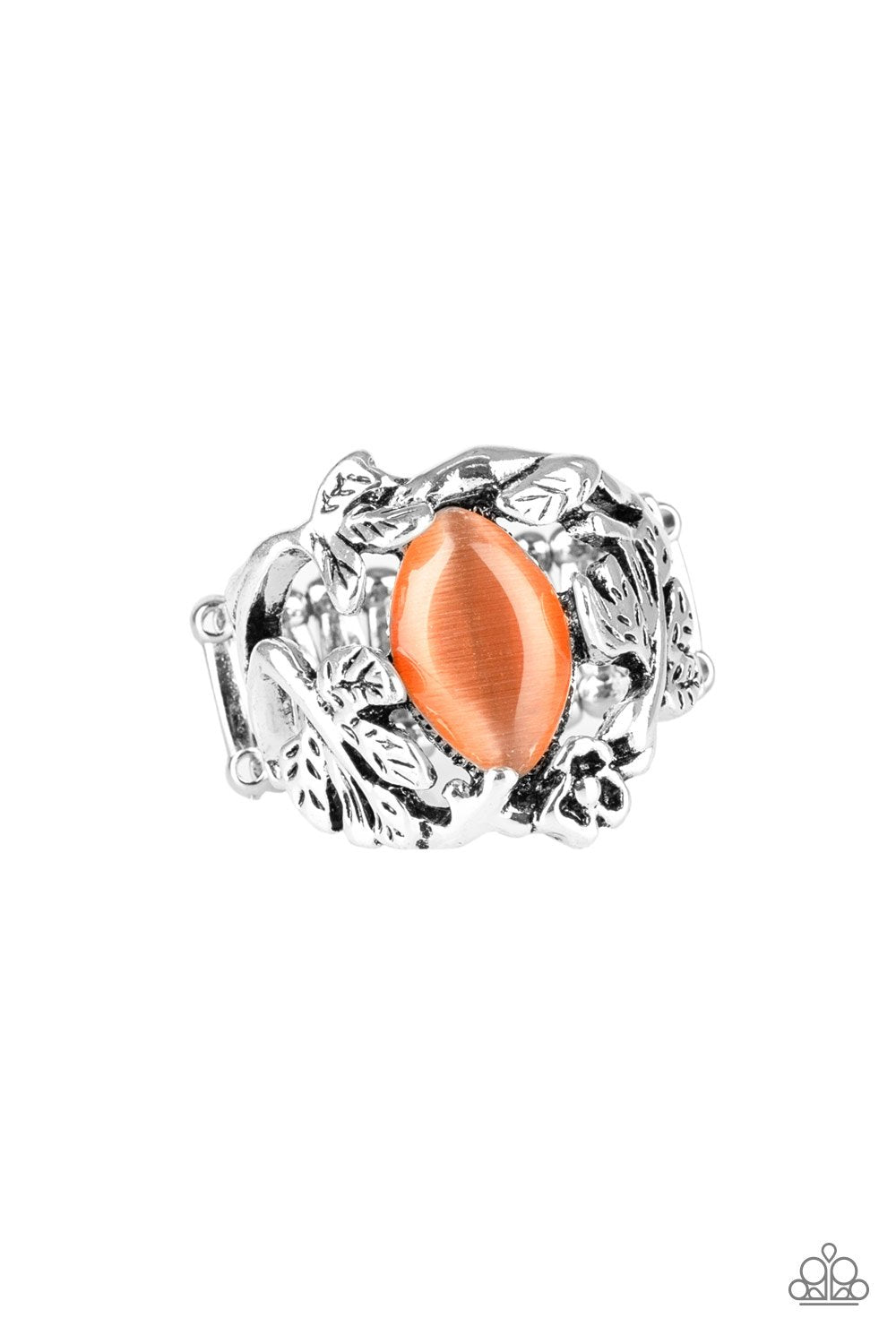 Tropical Flora Orange Moonstone and Silver Leaf Ring - Paparazzi Accessories- on model - CarasShop.com - Paparazzi Jewelry by Cara Jewels