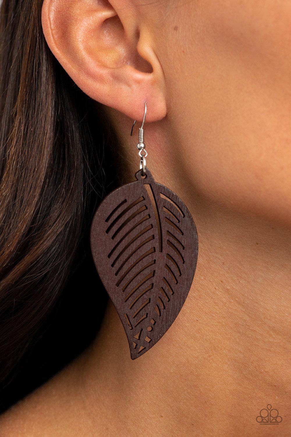 Tropical Foliage Brown Wood Leaf Earrings - Paparazzi Accessories- lightbox - CarasShop.com - Paparazzi Jewelry by Cara Jewels