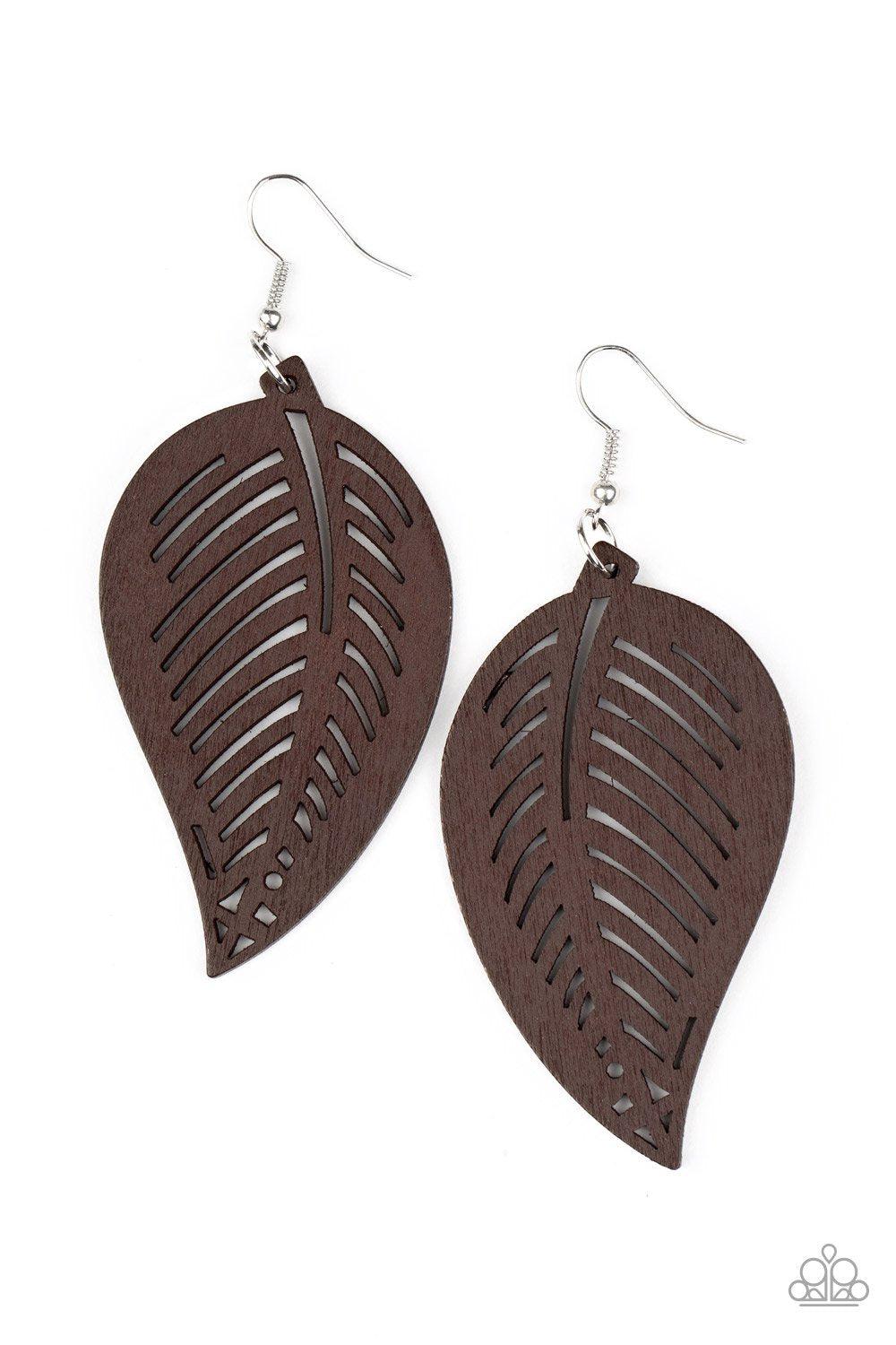Tropical Foliage Brown Wood Leaf Earrings - Paparazzi Accessories- on model - CarasShop.com - Paparazzi Jewelry by Cara Jewels