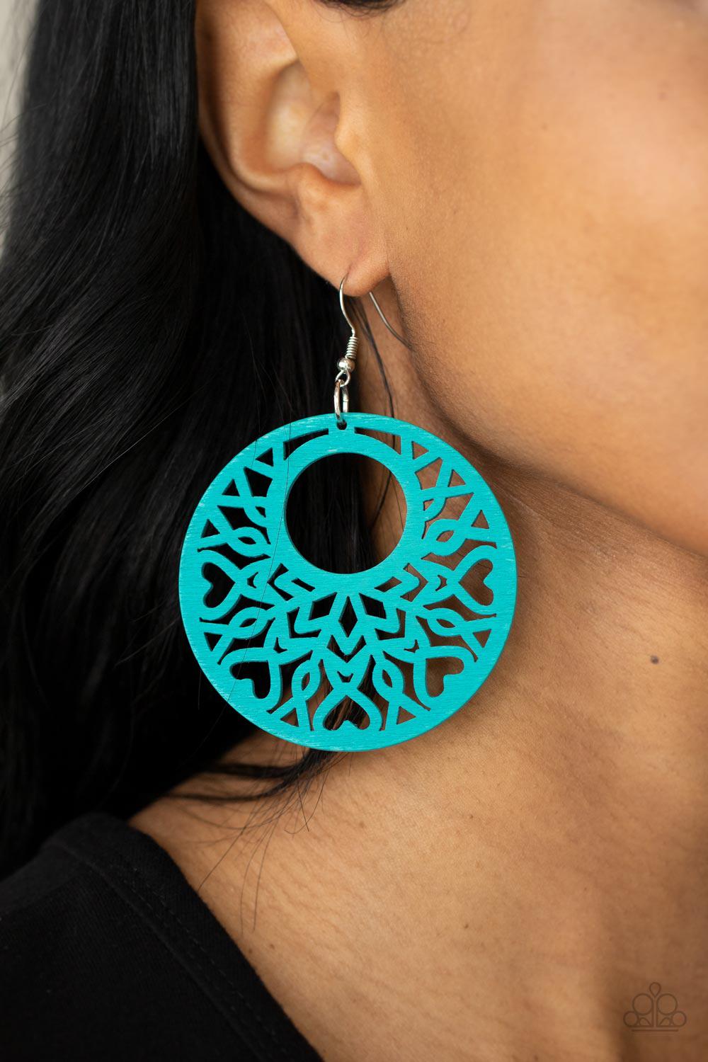 Tropical Reef Blue Wood Earrings - Paparazzi Accessories- on model - CarasShop.com - Paparazzi Jewelry by Cara Jewels