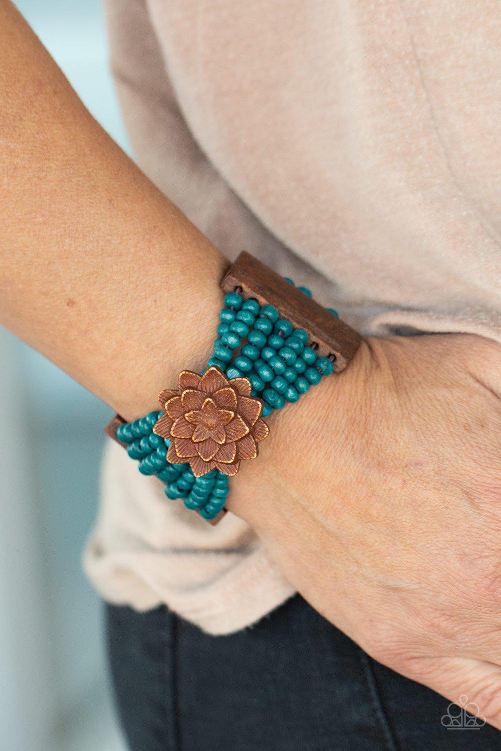 Tropical Sanctuary Blue and Brown Wood Flower Bracelet - Paparazzi Accessories- lightbox - CarasShop.com - Paparazzi Jewelry by Cara Jewels