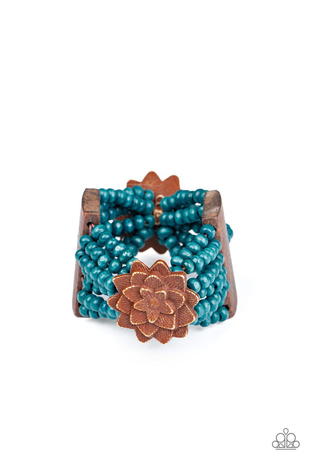 Tropical Sanctuary Blue and Brown Wood Flower Bracelet - Paparazzi Accessories- on model - CarasShop.com - Paparazzi Jewelry by Cara Jewels