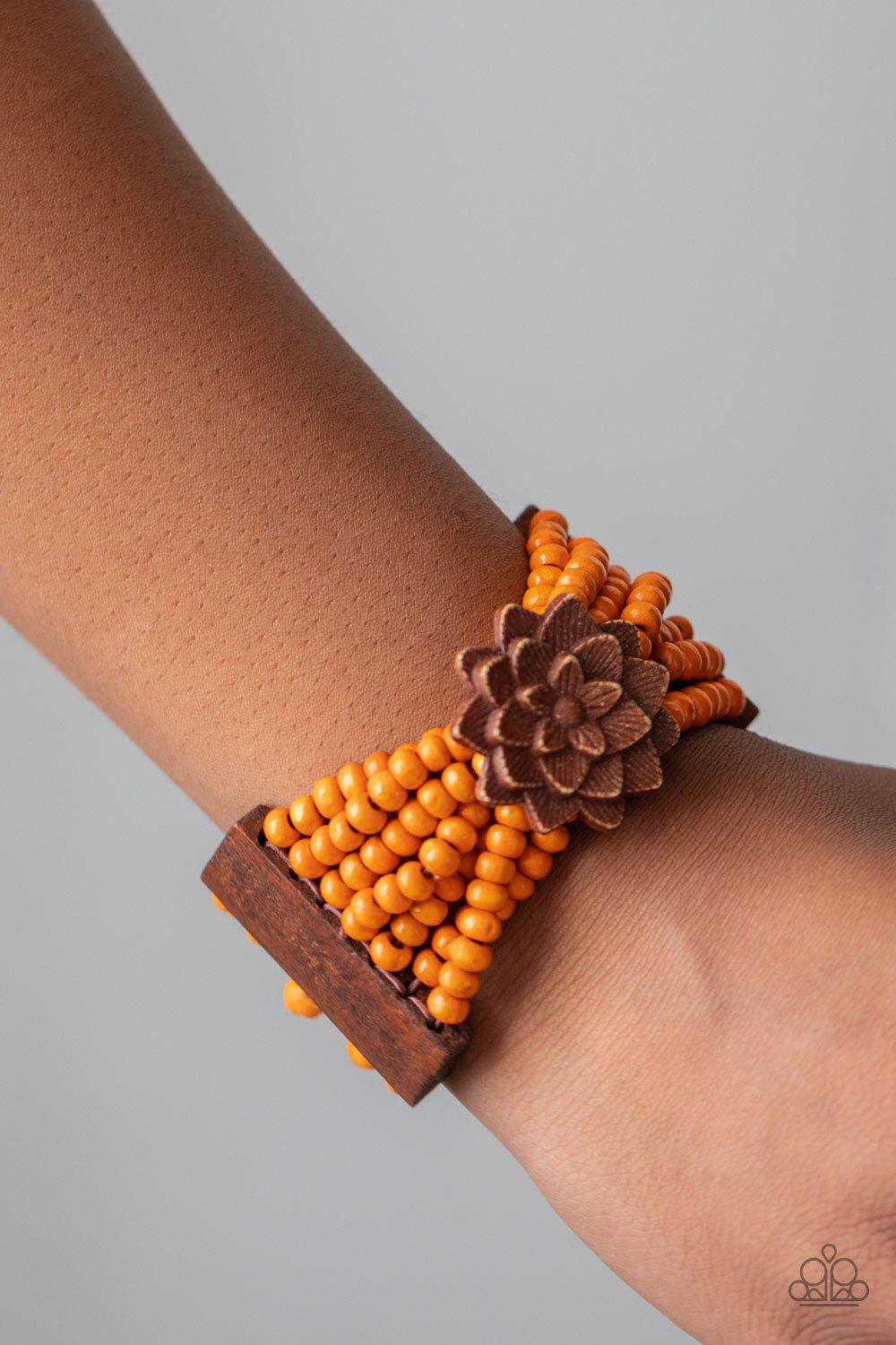 Tropical Sanctuary Orange and Brown Wood Flower Bracelet - Paparazzi Accessories- lightbox - CarasShop.com - Paparazzi Jewelry by Cara Jewels