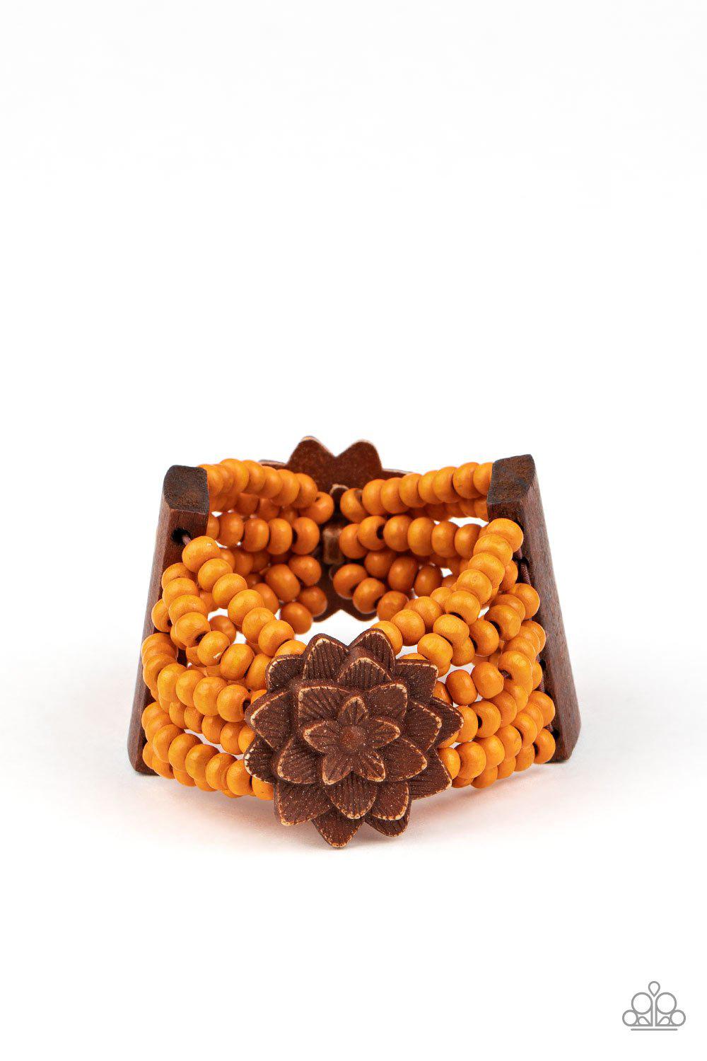 Tropical Sanctuary Orange and Brown Wood Flower Bracelet - Paparazzi Accessories- on model - CarasShop.com - Paparazzi Jewelry by Cara Jewels