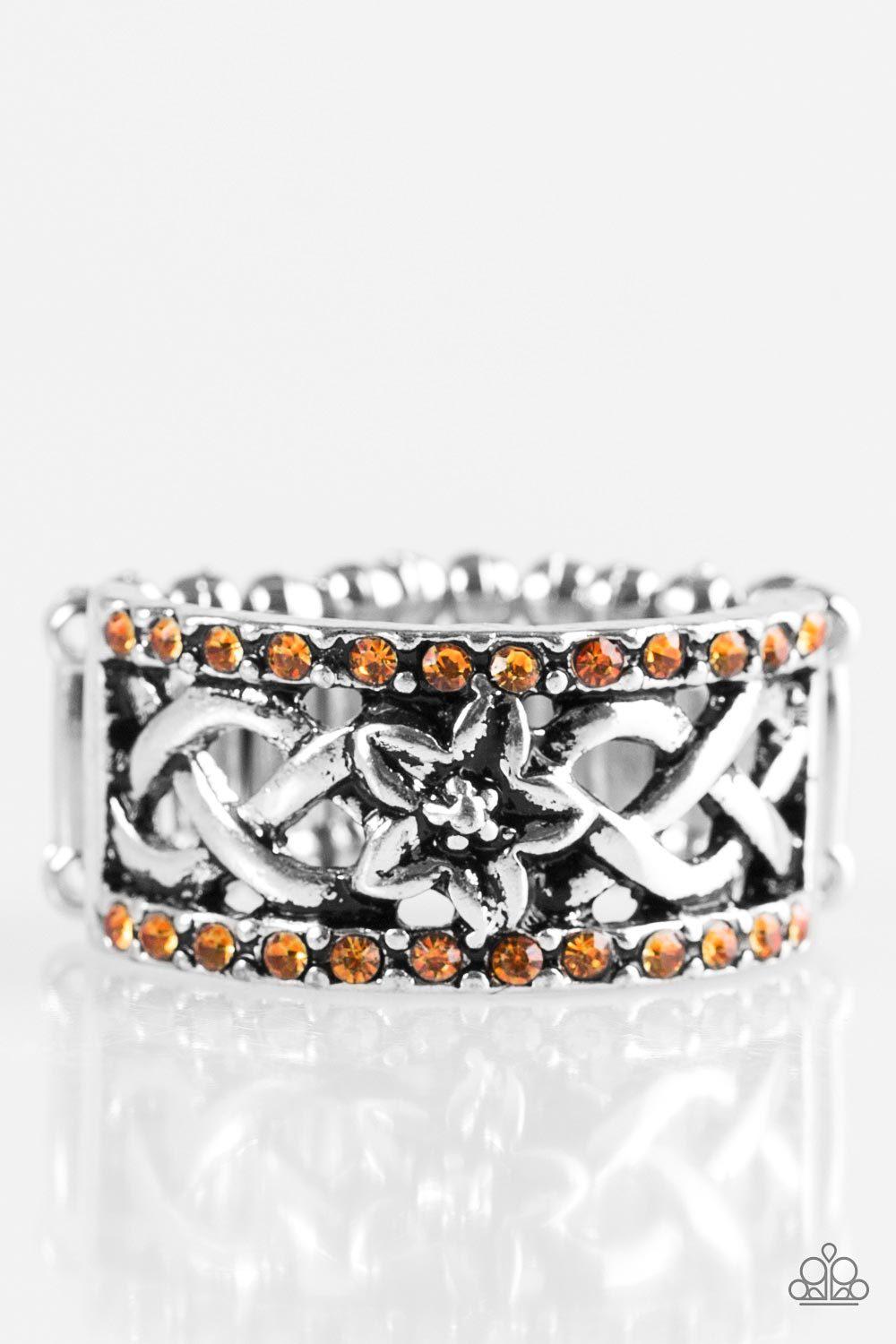 Tropical Springs Silver and Orange Ring - Paparazzi Accessories- on model - CarasShop.com - Paparazzi Jewelry by Cara Jewels