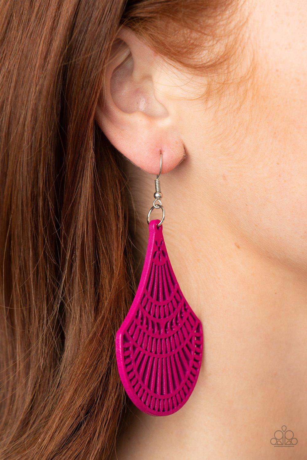 Tropical Tempest Pink Wood Earrings - Paparazzi Accessories- on model - CarasShop.com - Paparazzi Jewelry by Cara Jewels