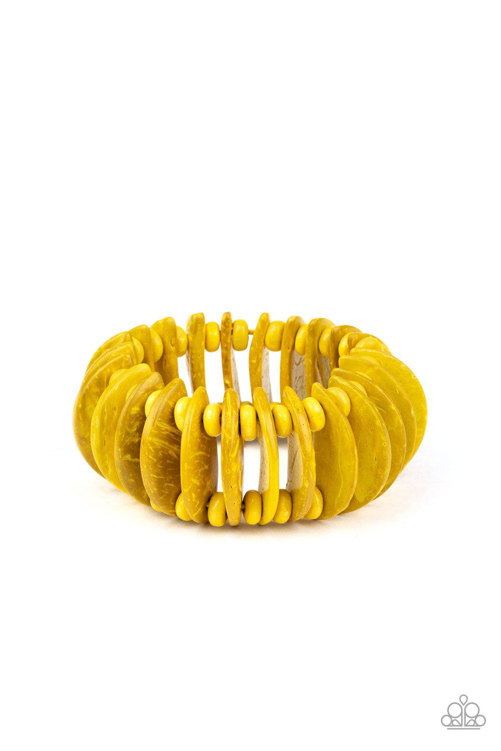 Tropical Tiki Bar Yellow Wood Bracelet - Paparazzi Accessories- on model - CarasShop.com - Paparazzi Jewelry by Cara Jewels