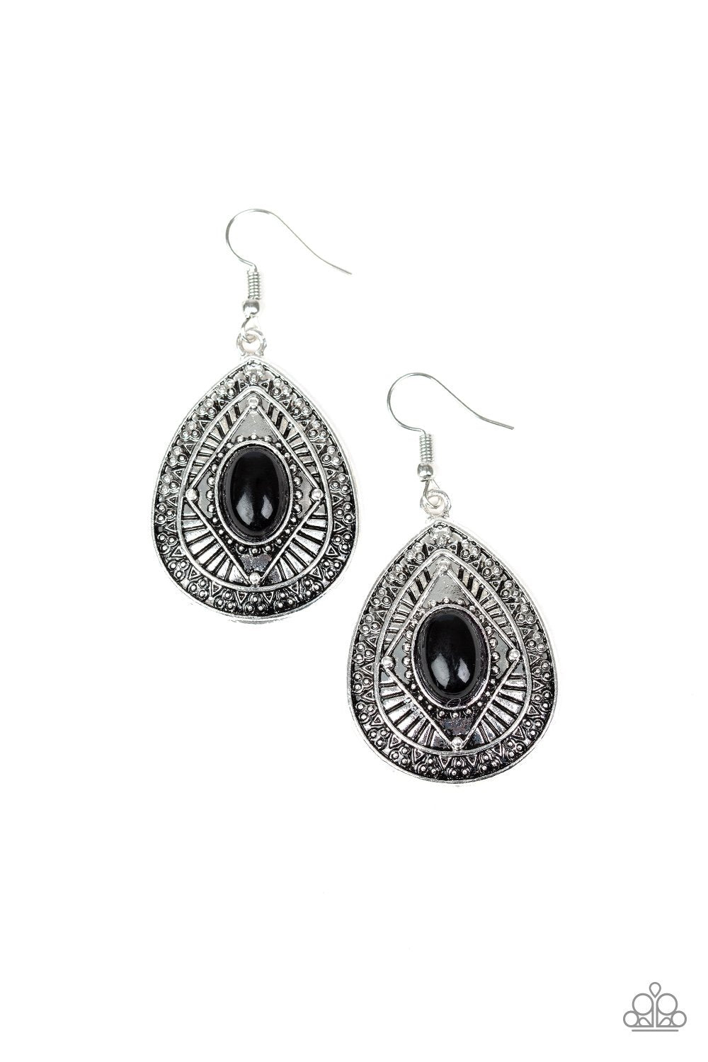 Tropical Topography Black and Silver Teardrop Earrings - Paparazzi Accessories- on model - CarasShop.com - Paparazzi Jewelry by Cara Jewels