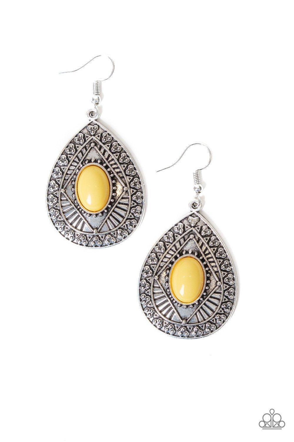 Tropical Topography Yellow and Silver Teardrop Earrings - Paparazzi Accessories- on model - CarasShop.com - Paparazzi Jewelry by Cara Jewels