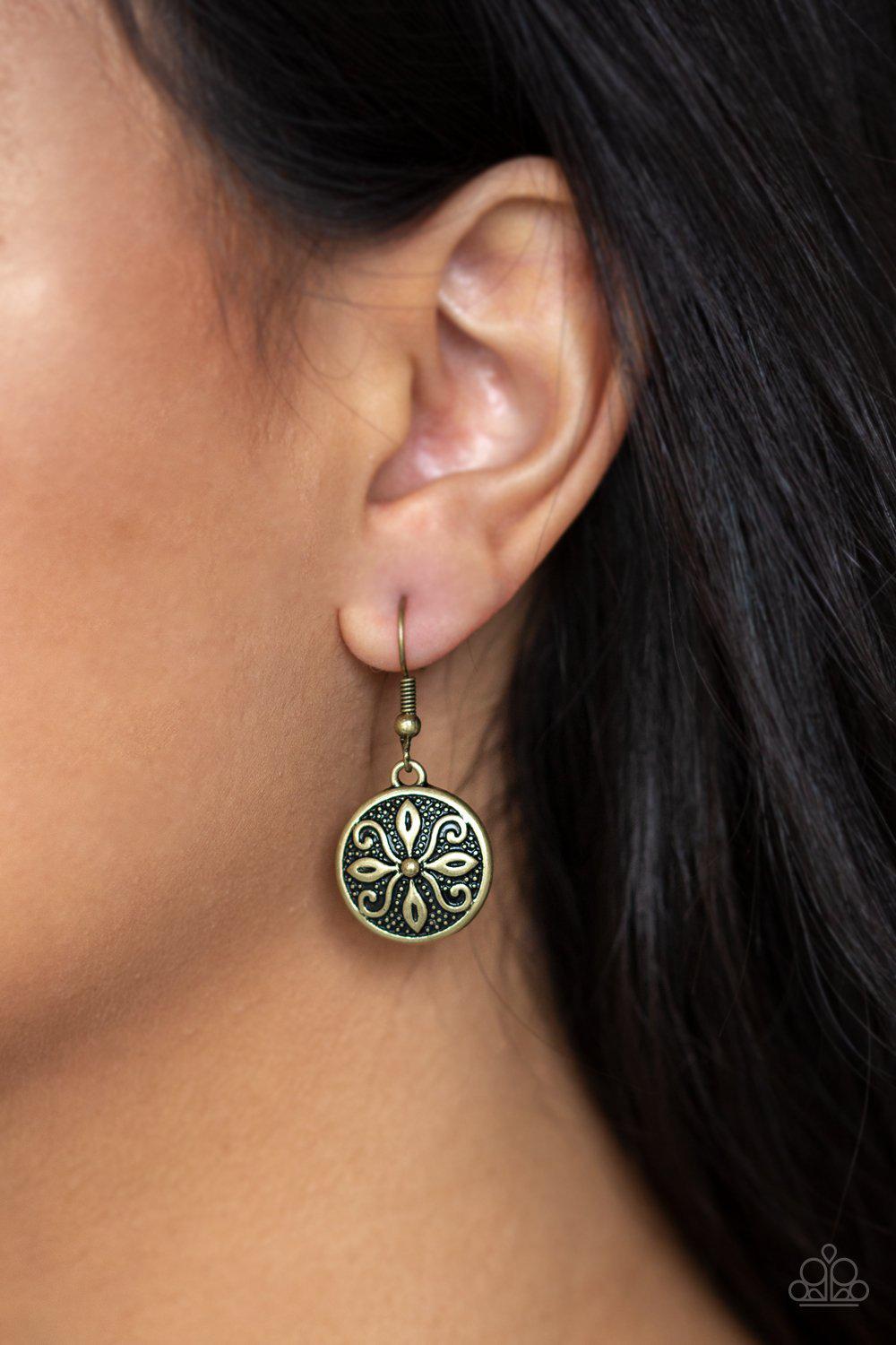 Tropical Trance Brass Earrings - Paparazzi Accessories- lightbox - CarasShop.com - Paparazzi Jewelry by Cara Jewels