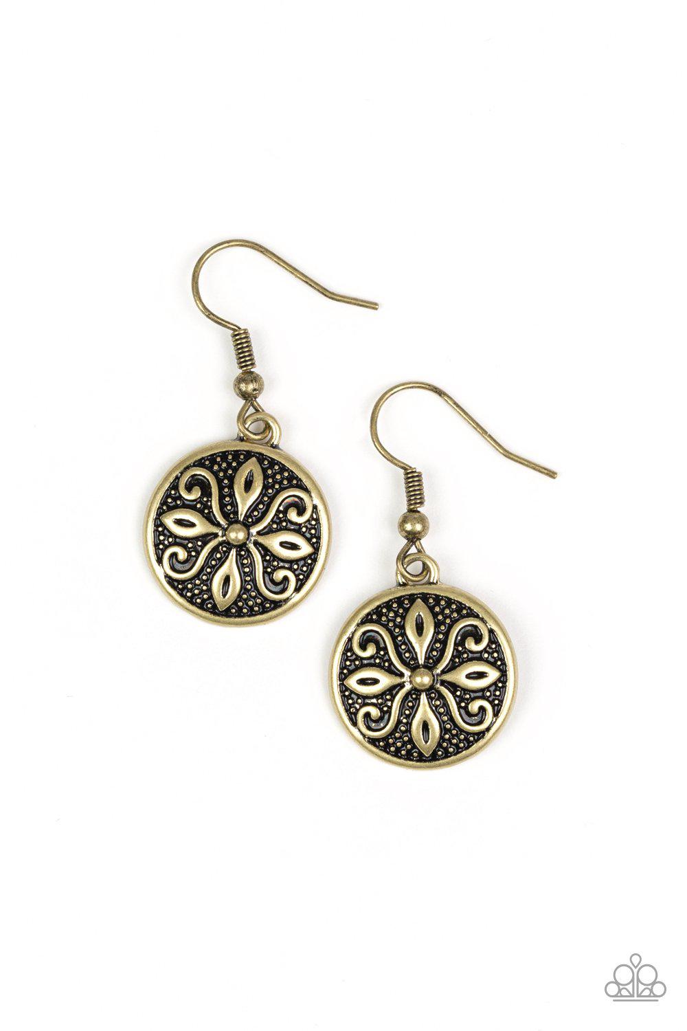 Tropical Trance Brass Earrings - Paparazzi Accessories- on model - CarasShop.com - Paparazzi Jewelry by Cara Jewels