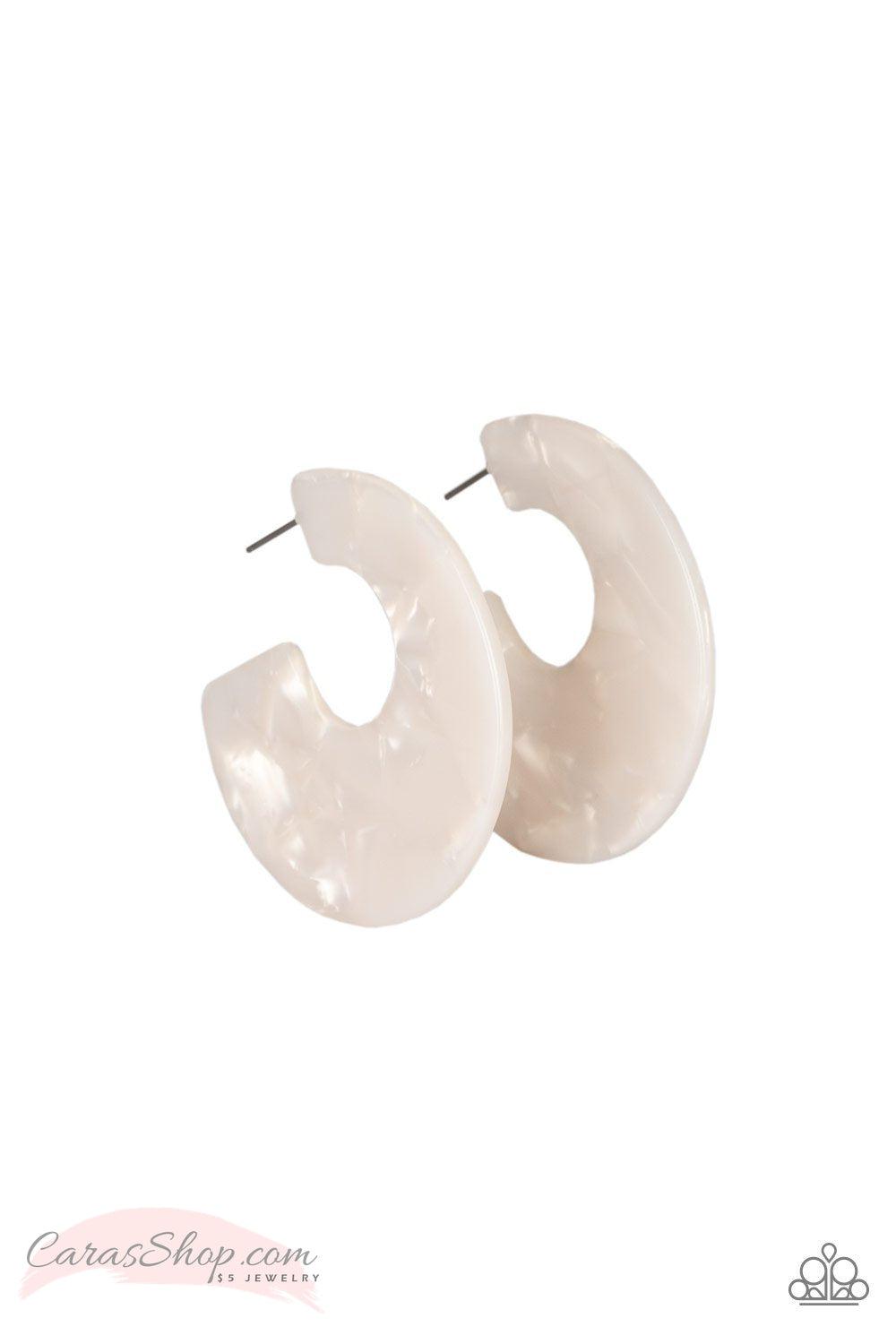 Tropically Torrid - White Acrylic Hoop Earrings - Paparazzi Accessories- on model - CarasShop.com - Paparazzi Jewelry by Cara Jewels