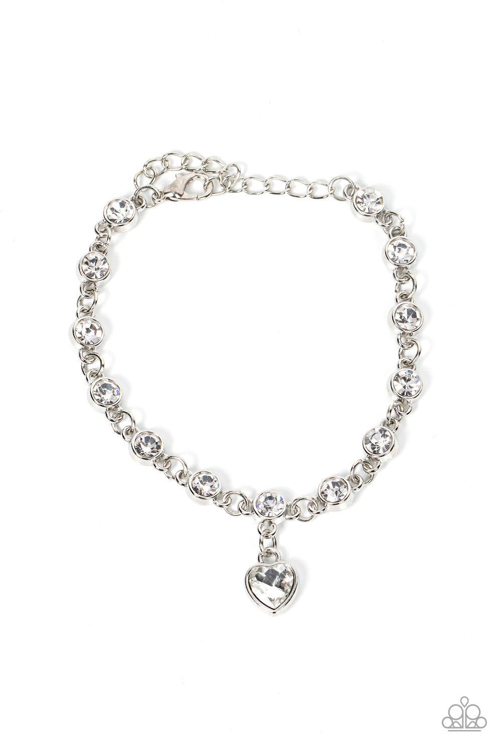 Truly Lovely White Rhinestone Heart Charm Bracelet - Paparazzi Accessories- lightbox - CarasShop.com - Paparazzi Jewelry by Cara Jewels