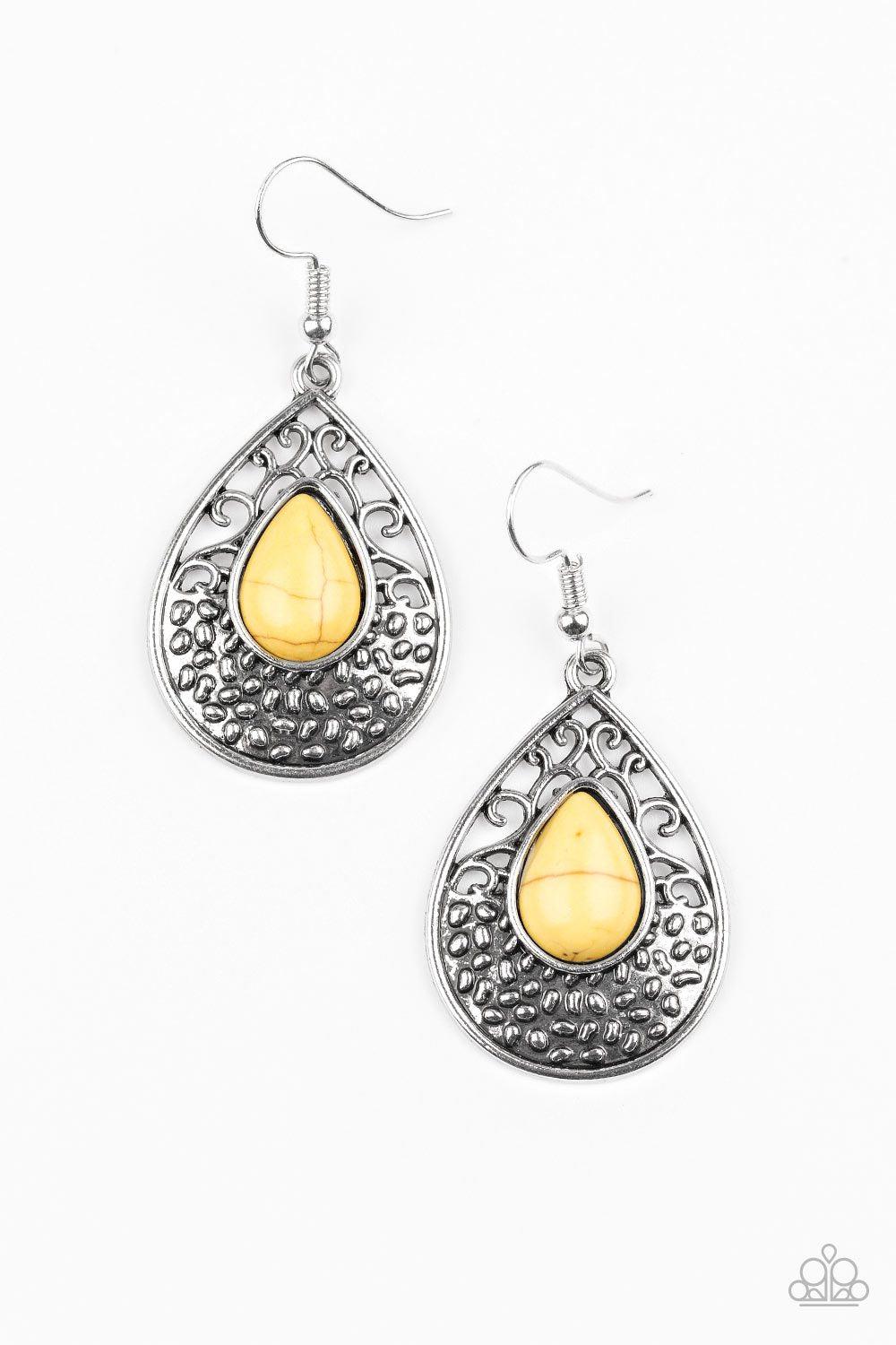 Tucson Tunes Yellow Stone Earrings - Paparazzi Accessories- on model - CarasShop.com - Paparazzi Jewelry by Cara Jewels
