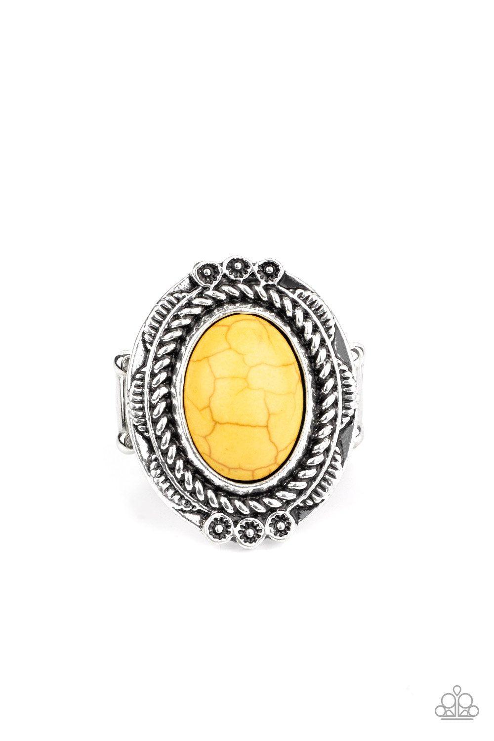 Tumblin' Tumbleweeds Yellow Stone Ring - Paparazzi Accessories- lightbox - CarasShop.com - Paparazzi Jewelry by Cara Jewels