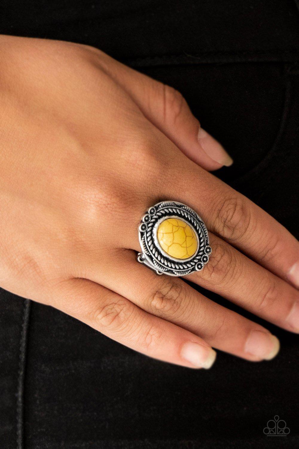 Tumblin' Tumbleweeds Yellow Stone Ring - Paparazzi Accessories- lightbox - CarasShop.com - Paparazzi Jewelry by Cara Jewels