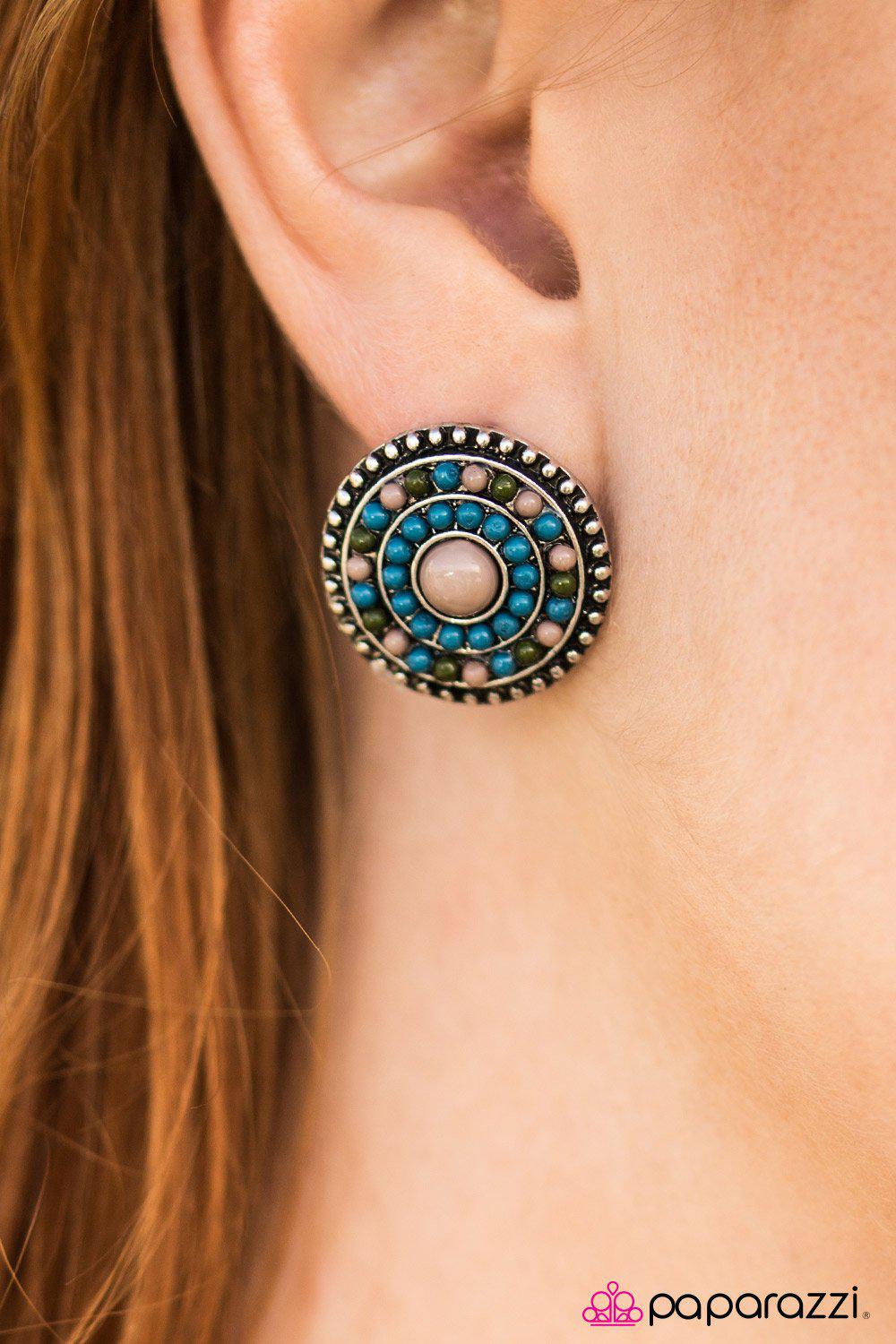 Turn The BEAD Around Multi Blue and Beige Post Earrings - Paparazzi Accessories- on model - CarasShop.com - Paparazzi Jewelry by Cara Jewels