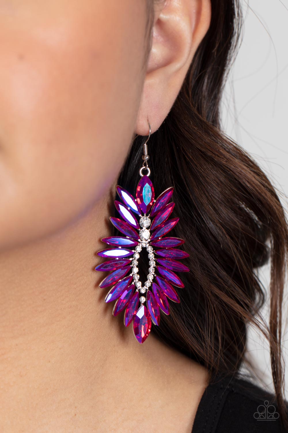 Turn up the Luxe Pink Iridescent Rhinestone Earrings - Paparazzi Accessories- on model - CarasShop.com - Paparazzi Jewelry by Cara Jewels