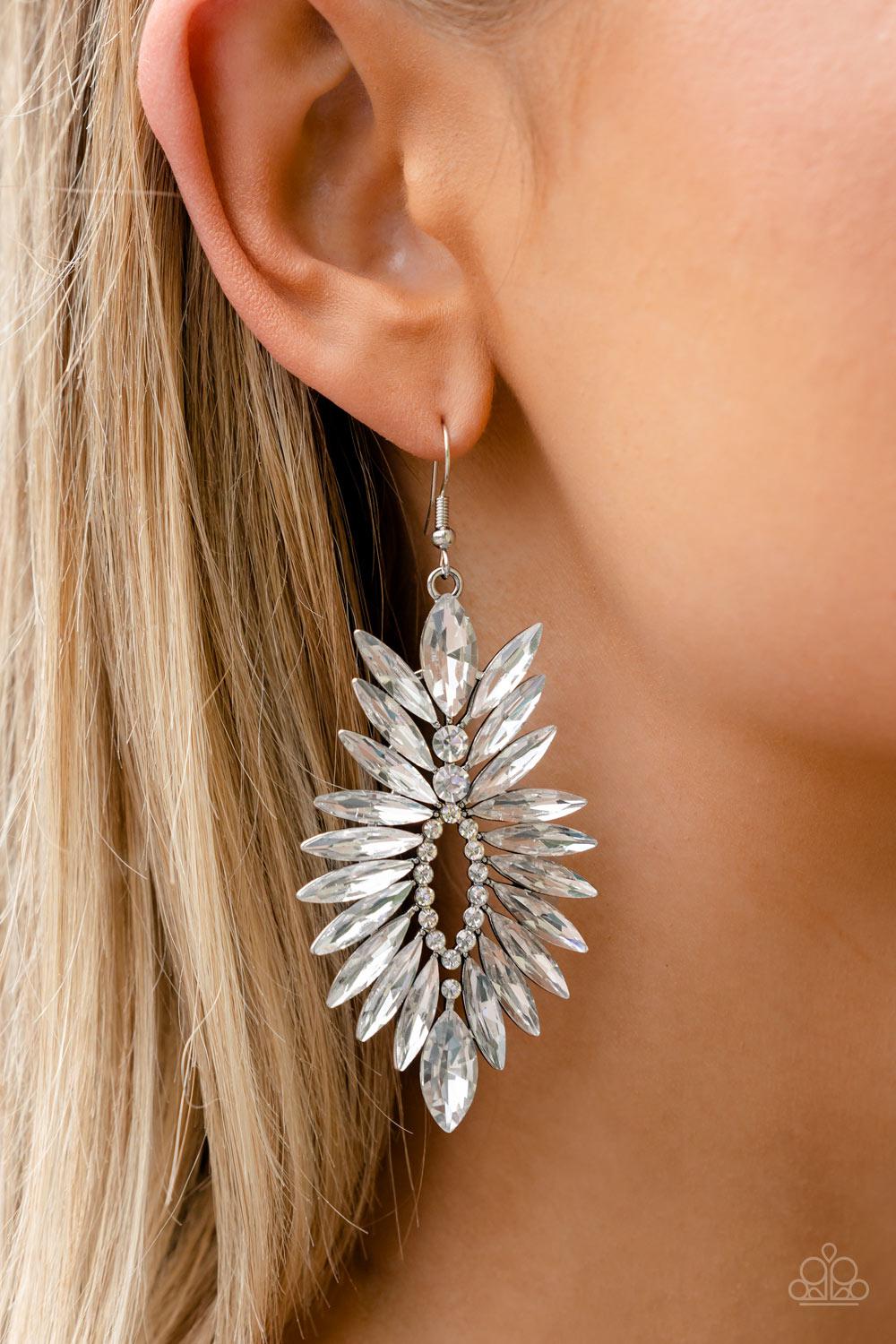 Turn Up The Luxe White Rhinestone Earrings - Paparazzi Accessories- on model - CarasShop.com - Paparazzi Jewelry by Cara Jewels