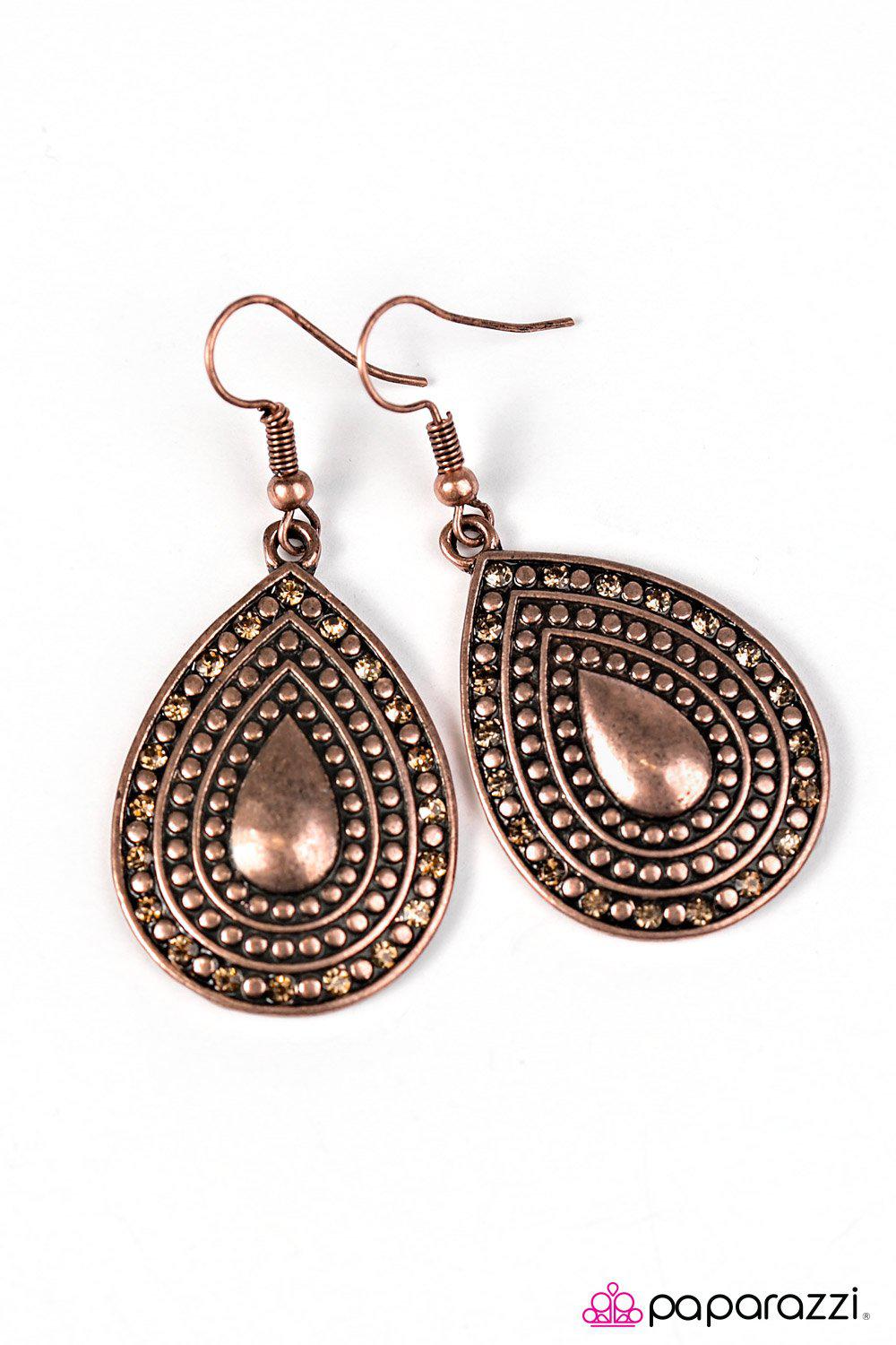 Turn Up The Twinkle Copper Studded Teardrop Earrings - Paparazzi Accessories- on model - CarasShop.com - Paparazzi Jewelry by Cara Jewels