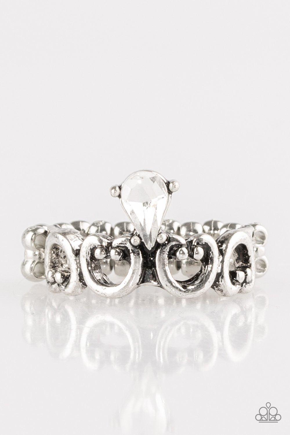 Twinkling Tiaras Silver and White Rhinestone Ring - Paparazzi Accessories- on model - CarasShop.com - Paparazzi Jewelry by Cara Jewels
