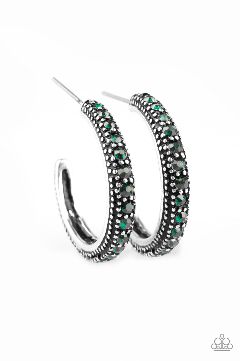Twinkling Tinseltown Emerald Green Hoop Earrings - Paparazzi Accessories- on model - CarasShop.com - Paparazzi Jewelry by Cara Jewels