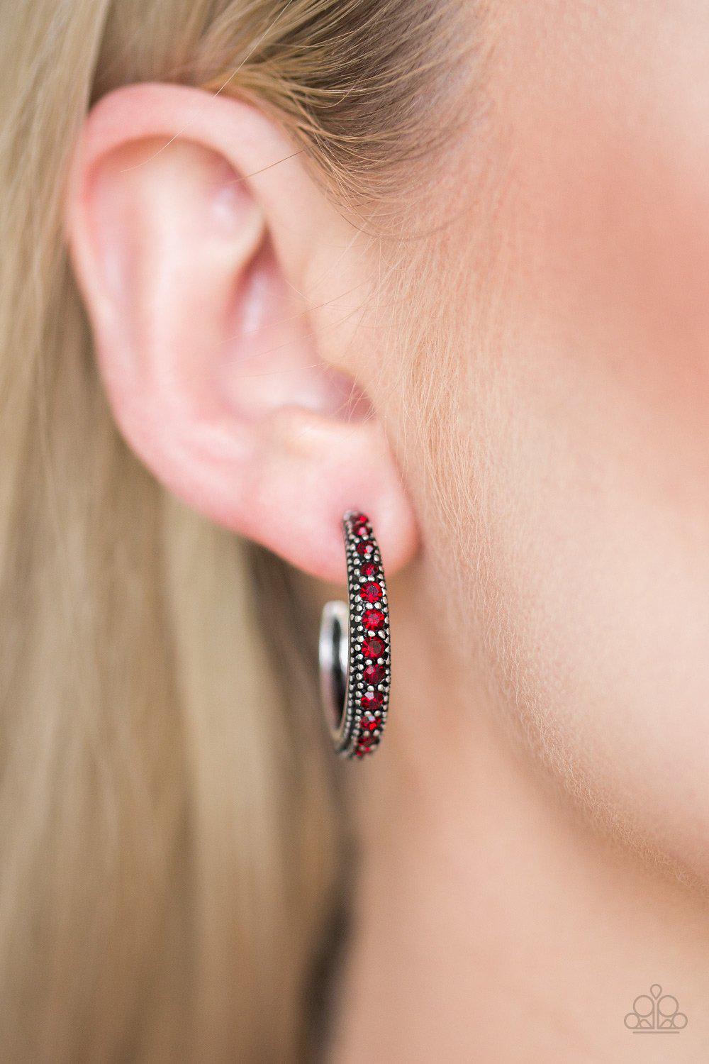 Twinkling Tinseltown Red Gem Hoop Earrings - Paparazzi Accessories- lightbox - CarasShop.com - Paparazzi Jewelry by Cara Jewels