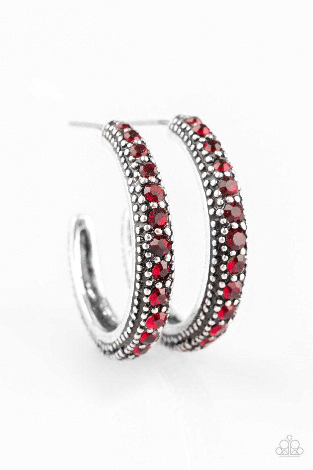 Twinkling Tinseltown Red Gem Hoop Earrings - Paparazzi Accessories- on model - CarasShop.com - Paparazzi Jewelry by Cara Jewels