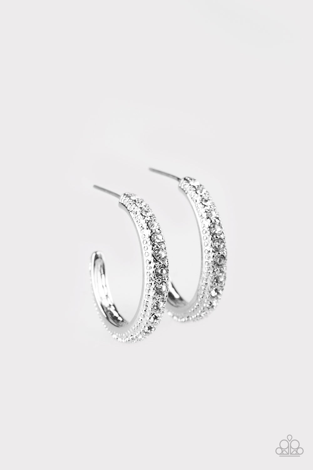 Twinkling Tinseltown White Rhinestone Hoop Earrings - Paparazzi Accessories- on model - CarasShop.com - Paparazzi Jewelry by Cara Jewels