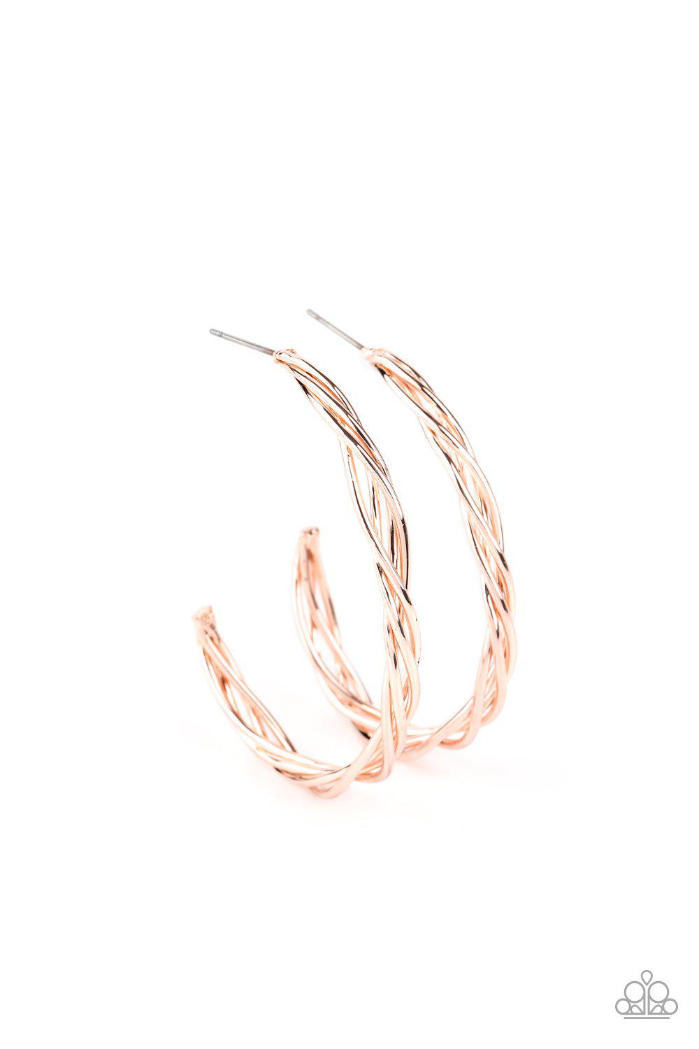 Twisted Tango Rose Gold Hoop Earrings - Paparazzi Accessories- lightbox - CarasShop.com - Paparazzi Jewelry by Cara Jewels