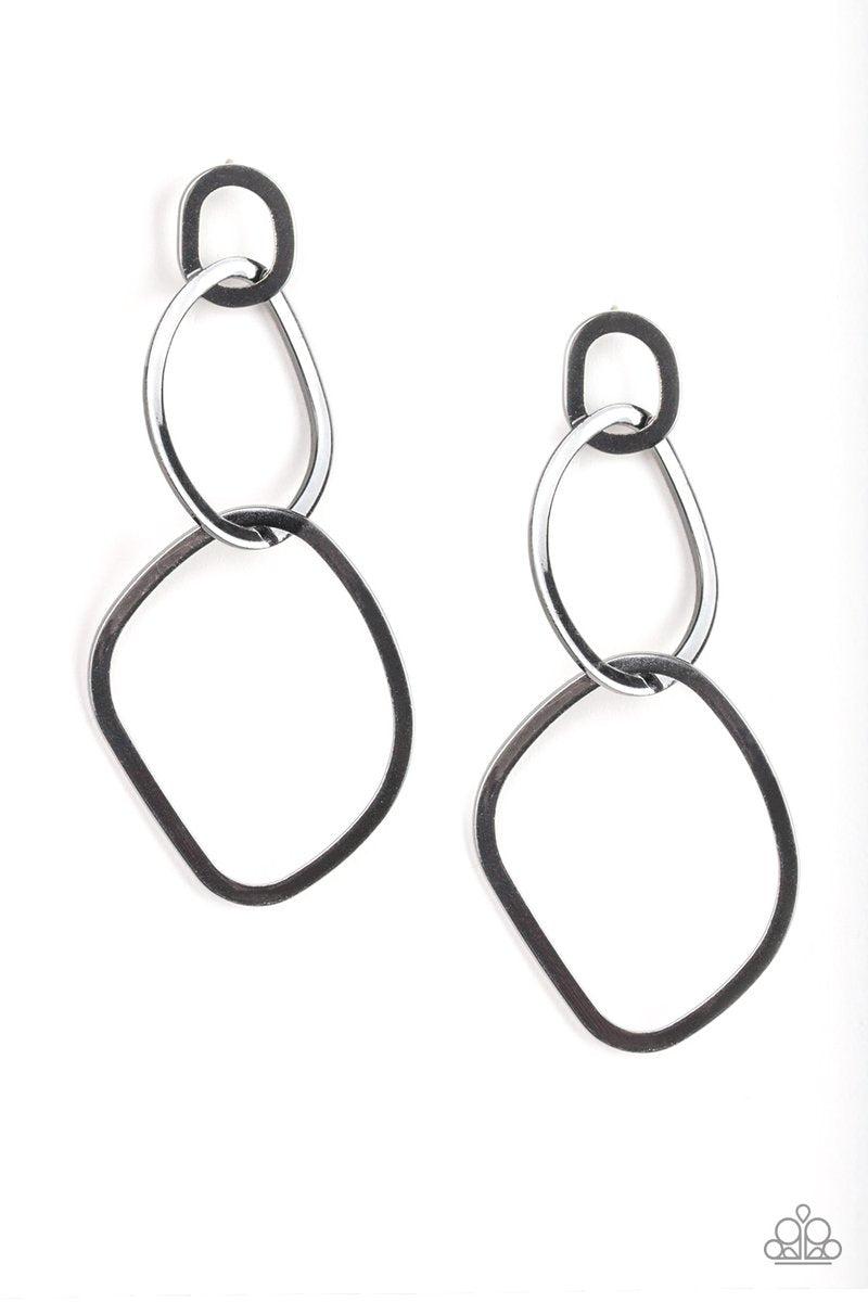 Twisted Trio Black Gunmetal Earrings - Paparazzi Accessories- on model - CarasShop.com - Paparazzi Jewelry by Cara Jewels