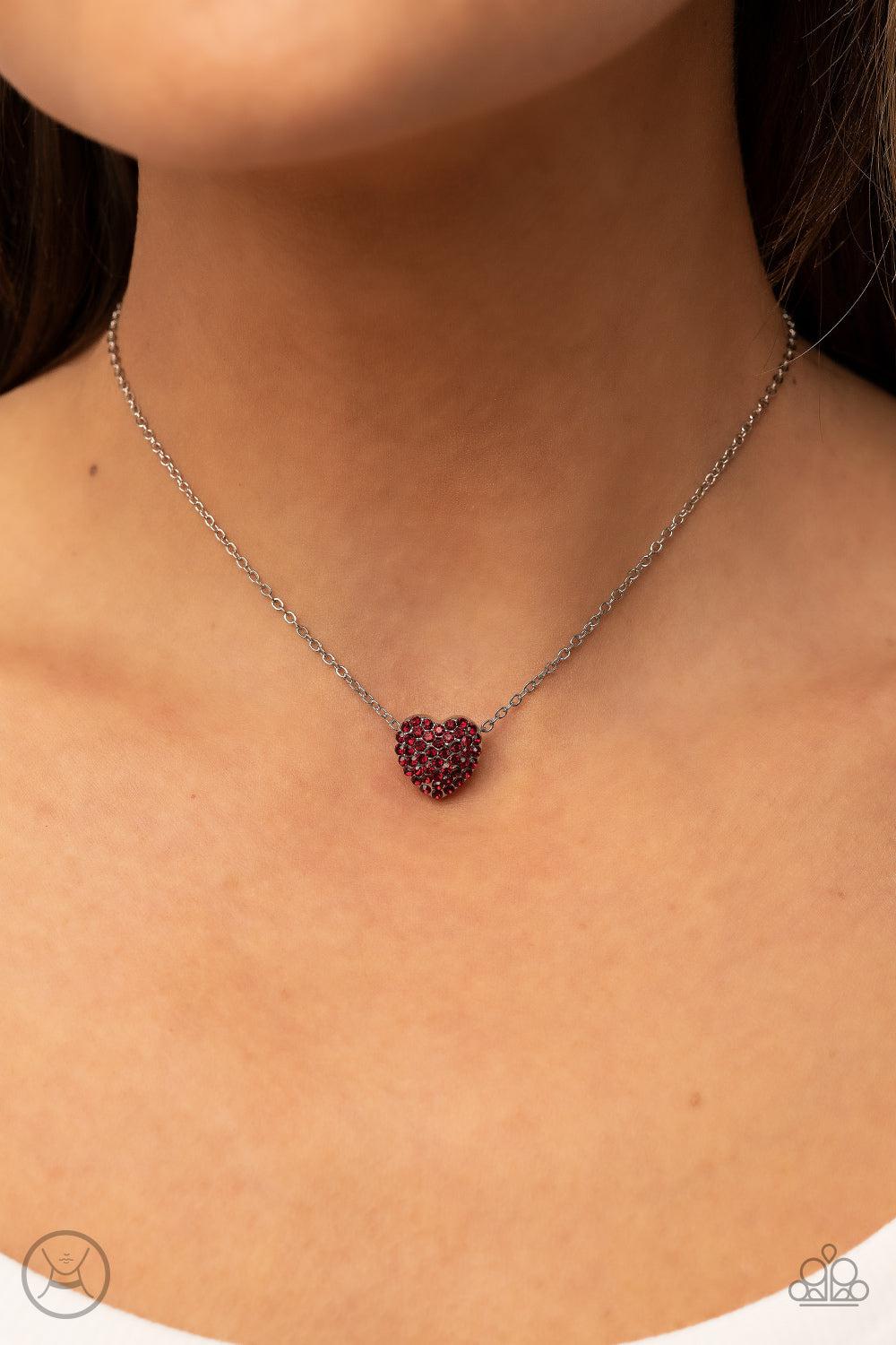 Twitterpated Twinkle Red Rhinestone Heart Choker Necklace - Paparazzi Accessories- on model - CarasShop.com - Paparazzi Jewelry by Cara Jewels