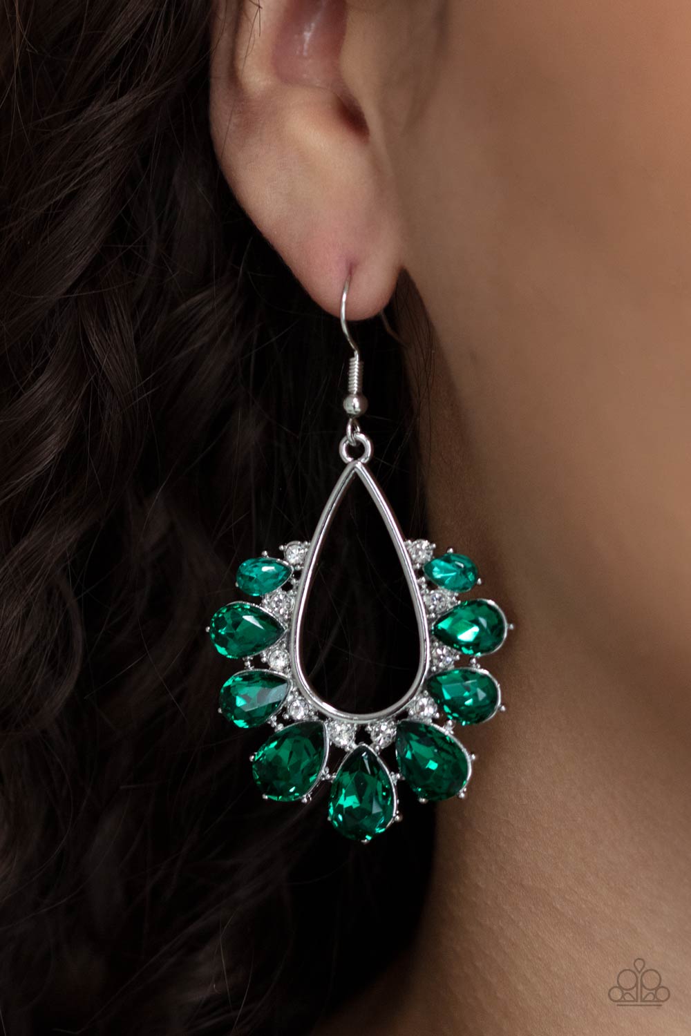 Two Can Play That Game Green Rhinestone Earrings - Paparazzi Accessories- on model - CarasShop.com - Paparazzi Jewelry by Cara Jewels