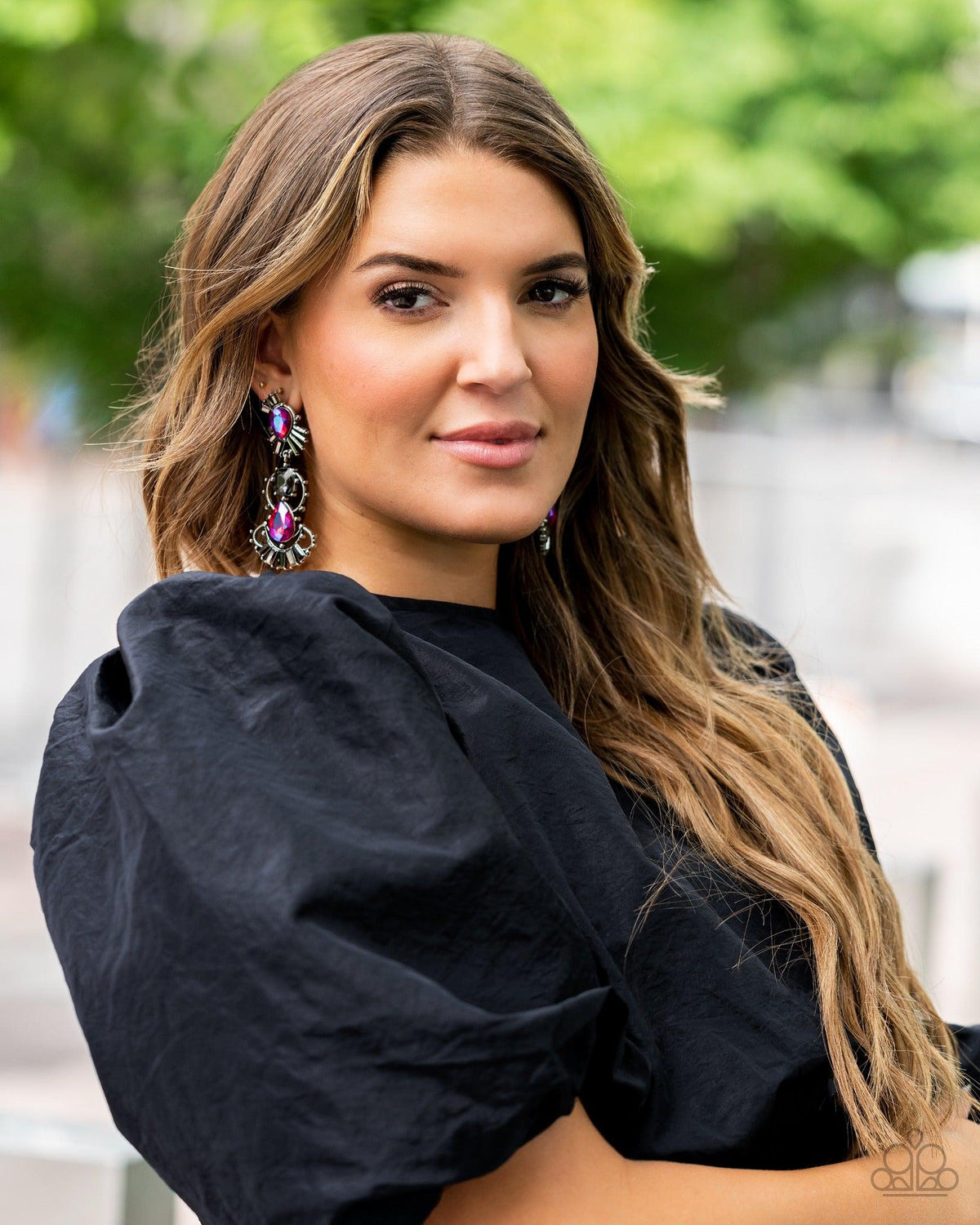 Ultra Universal Pink UV Shimmer Post Earrings - Paparazzi Accessories-stylized-on model - CarasShop.com - Paparazzi Jewelry by Cara Jewels