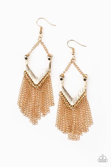 Unchained Fashion Gold Earrings - Paparazzi Accessories- on model - CarasShop.com - Paparazzi Jewelry by Cara Jewels