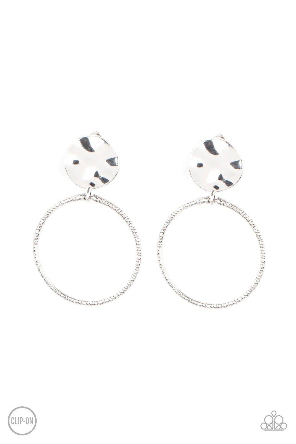 Undeniably Urban Silver Clip-on Earrings - Paparazzi Accessories- lightbox - CarasShop.com - Paparazzi Jewelry by Cara Jewels