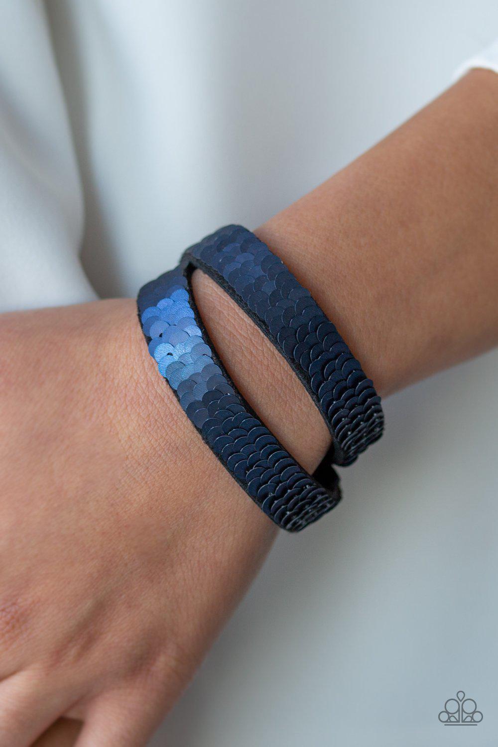 Under The SEQUINS Blue / Silver Double-Wrap Snap Bracelet - Paparazzi Accessories- lightbox - CarasShop.com - Paparazzi Jewelry by Cara Jewels