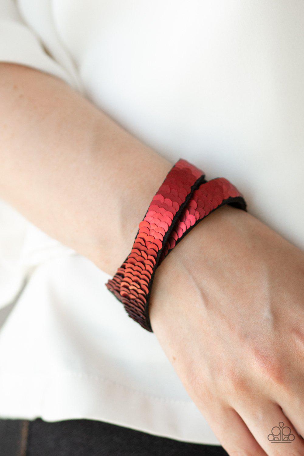 Under The SEQUINS Brown / Red Double-Wrap Snap Bracelet - Paparazzi Accessories-CarasShop.com - Paparazzi Jewelry by Cara Jewels