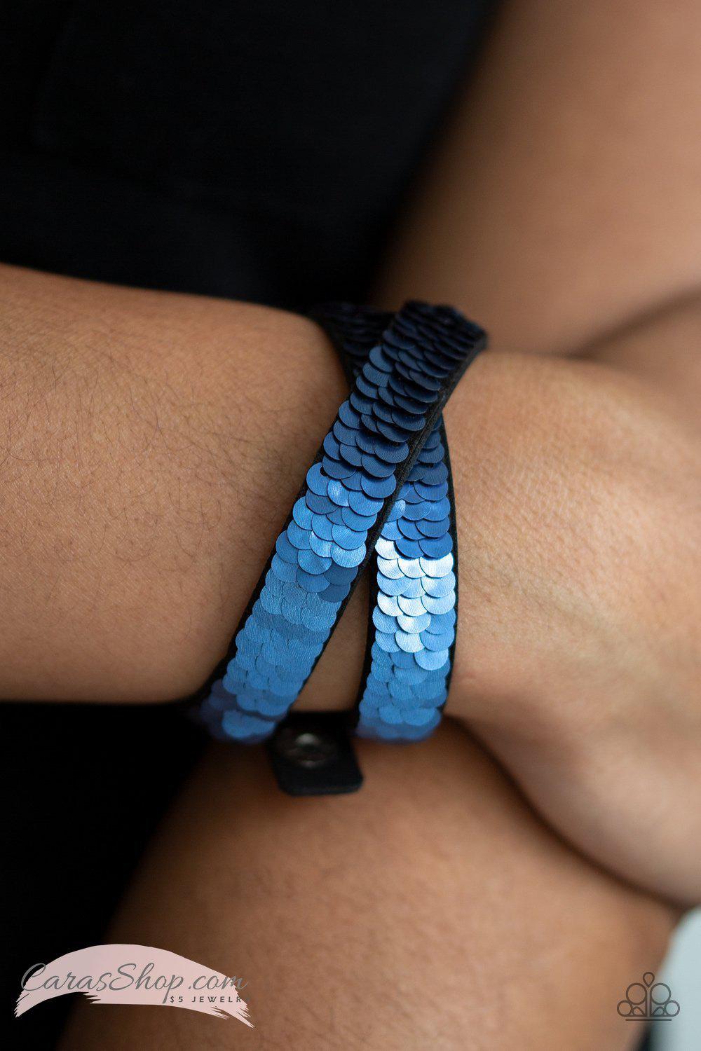 Under The SEQUINS Reversible Blue and Purple Sequin Double Wrap Bracelet - Paparazzi Accessories- on model - CarasShop.com - Paparazzi Jewelry by Cara Jewels