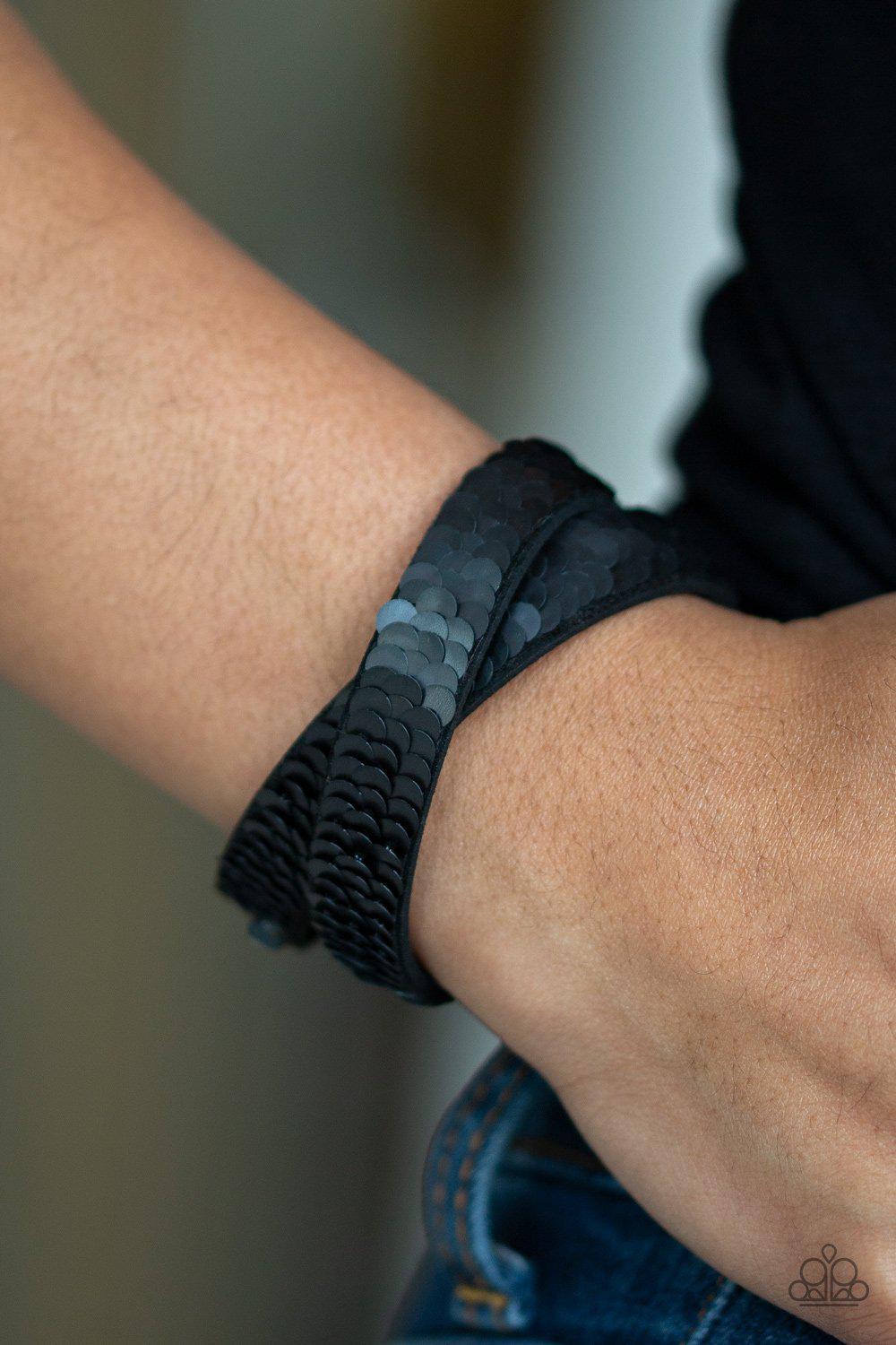 Under The SEQUINS Silver / Black Double-Wrap Snap Bracelet - Paparazzi Accessories-CarasShop.com - Paparazzi Jewelry by Cara Jewels