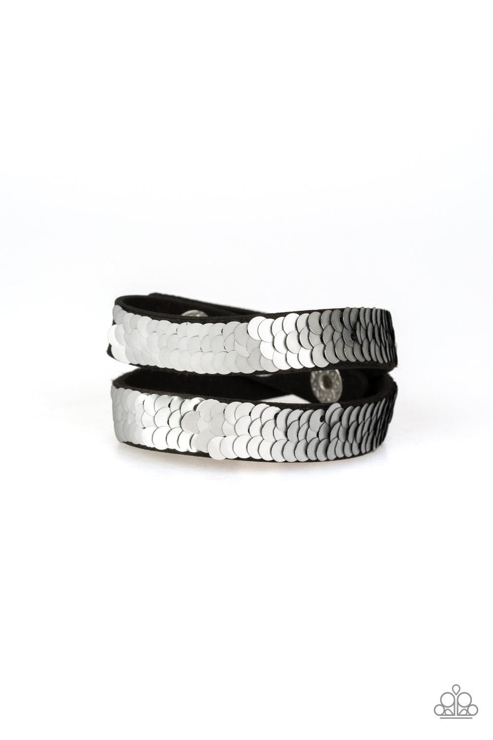 Under The SEQUINS Silver / Black Double-Wrap Snap Bracelet - Paparazzi Accessories- lightbox - CarasShop.com - Paparazzi Jewelry by Cara Jewels