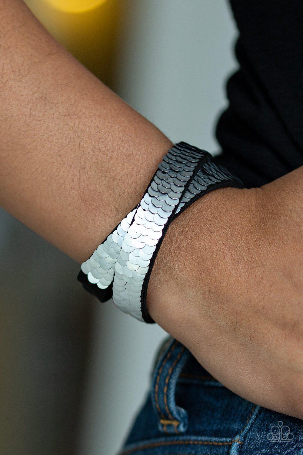 Under The SEQUINS Silver / Black Double-Wrap Snap Bracelet - Paparazzi Accessories- lightbox - CarasShop.com - Paparazzi Jewelry by Cara Jewels