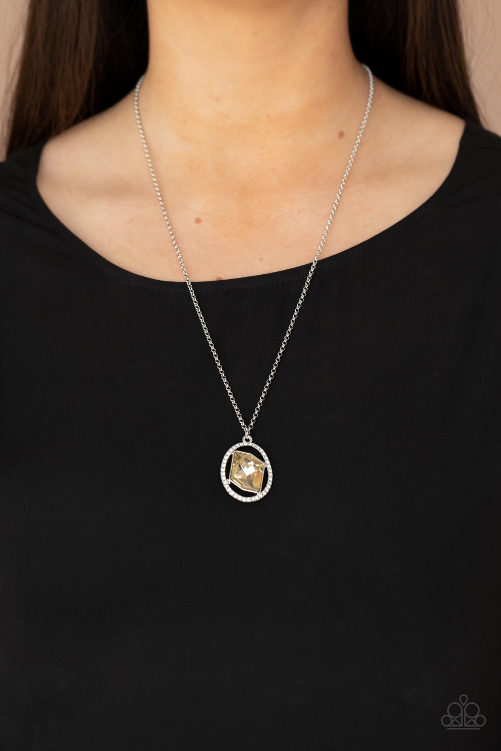 Undiluted Dazzle Brown and White Rhinestone Necklace - Paparazzi Accessories- on model - CarasShop.com - Paparazzi Jewelry by Cara Jewels