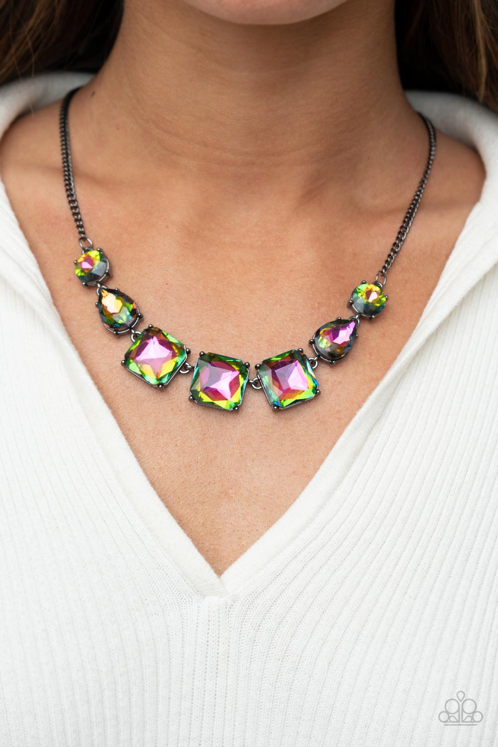 Unfiltered Confidence Multi Oil Spill and Gunmetal Necklace - Paparazzi Accessories- on model - CarasShop.com - Paparazzi Jewelry by Cara Jewels