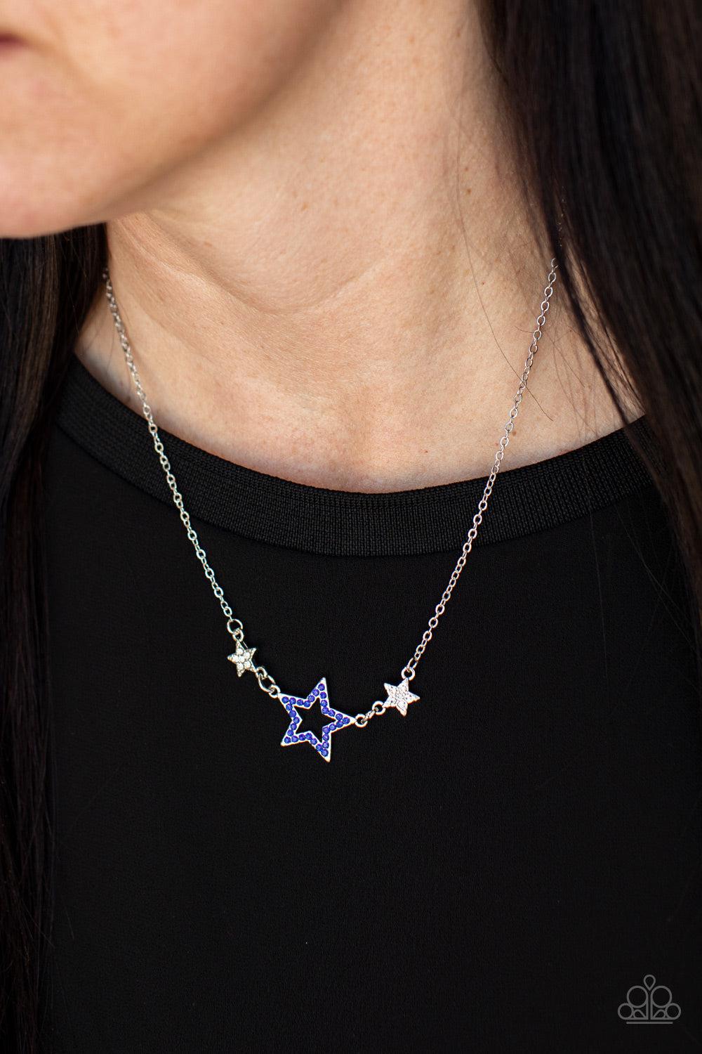 United We Sparkle Blue Rhinestone Star Necklace - Paparazzi Accessories- on model - CarasShop.com - Paparazzi Jewelry by Cara Jewels