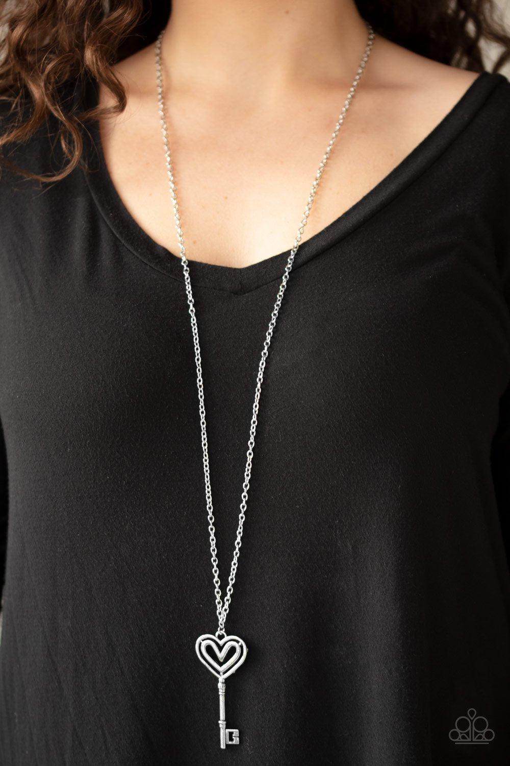 Unlock My Heart Silver Key Necklace - Paparazzi Accessories- lightbox - CarasShop.com - Paparazzi Jewelry by Cara Jewels