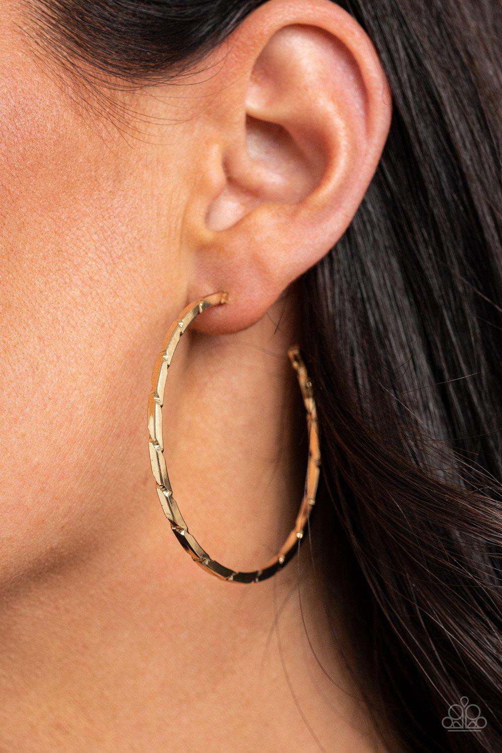 Unregulated Gold Hoop Earrings - Paparazzi Accessories- on model - CarasShop.com - Paparazzi Jewelry by Cara Jewels