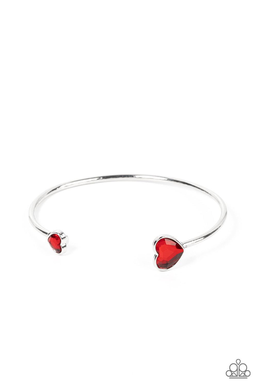 Unrequited Love Red Rhinestone Heart Cuff Bracelet - Paparazzi Accessories- lightbox - CarasShop.com - Paparazzi Jewelry by Cara Jewels